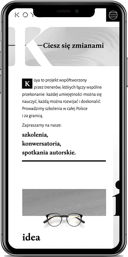 Projekt animacji menu dla Koya w wersji mobilnej